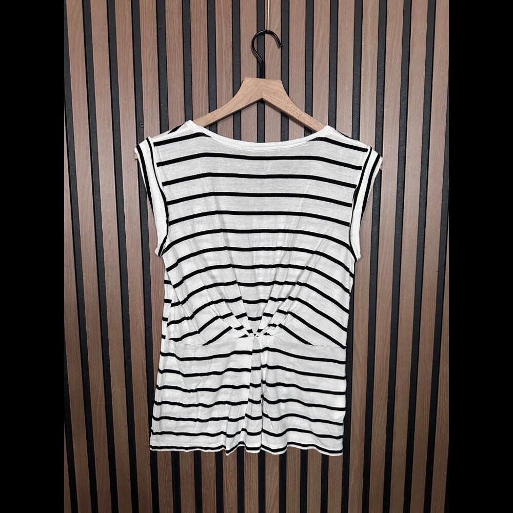 BCBG Maxazria Top Small Black White Striped Anabella Back Pinch Cap Sleeve Tank - Picture 2 of 6